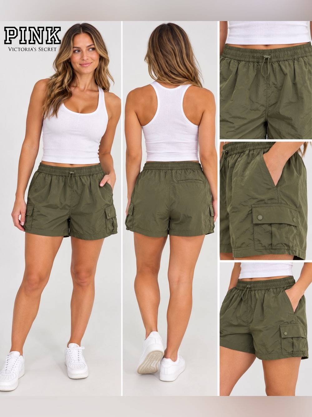 PINK Victoria’s Secret Cargo Shorts Olive/Army Green XL Nylon Utility Y2K